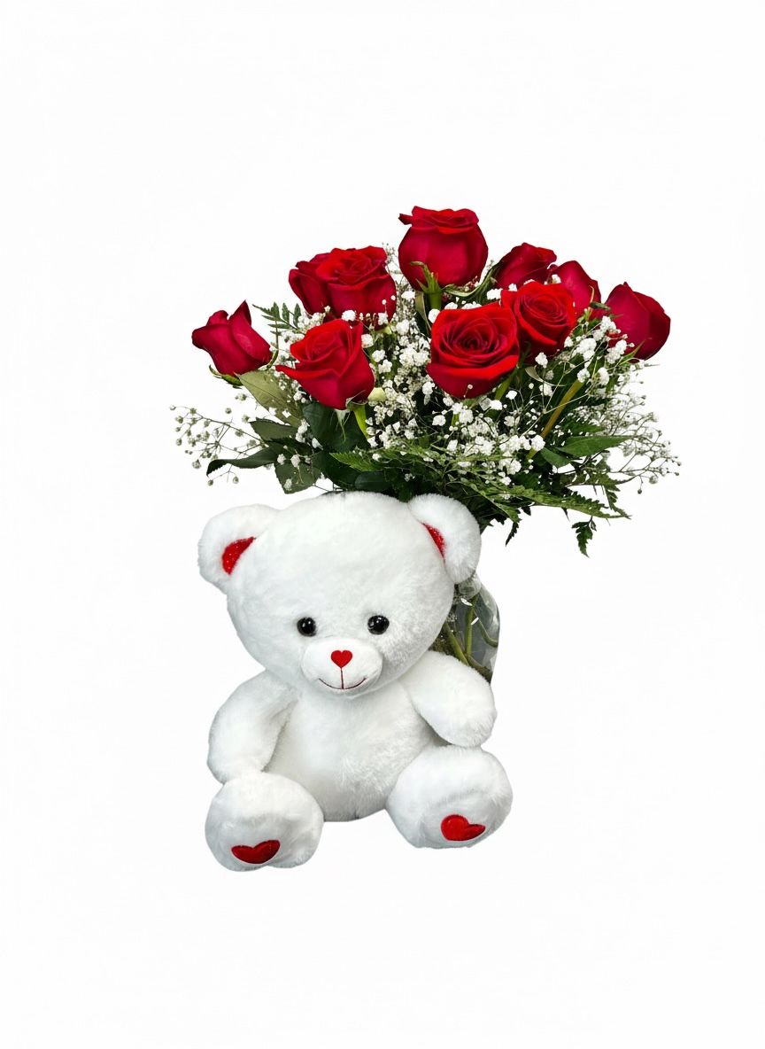 1 DOZEN ROSES IN A VASE WITH A TEDDY BEAR