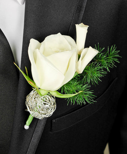 SPARKLY WHITE PROM BOUTONNIERE (In-Store Purchase Only. Not available for online ordering or shipping. Please contact the store 9052780000)