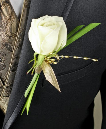WHITE ROSE GLITTER PROM BOUTONNIERE (In-Store Purchase Only. Not available for online ordering or shipping. Please contact the store 9052780000)