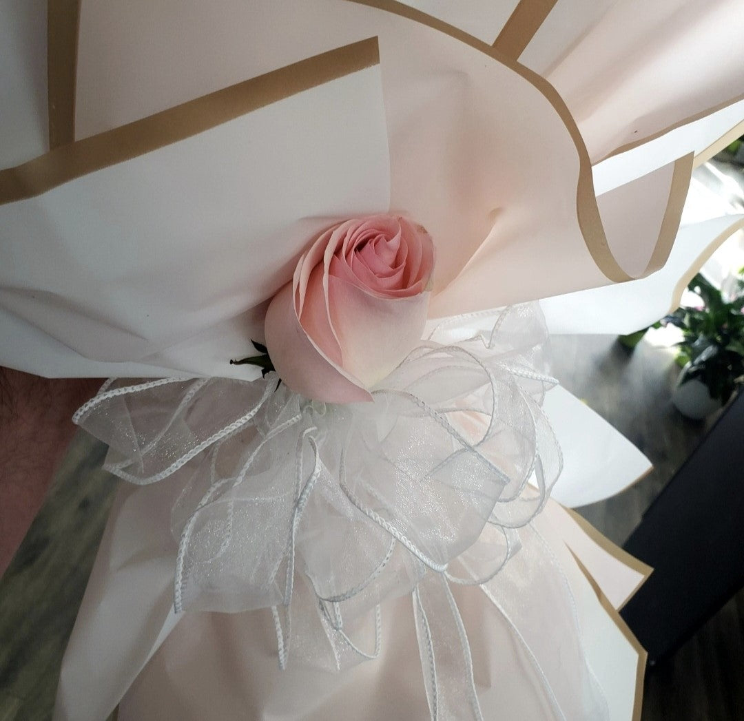 50 white and pink roses hand-tied bouquet