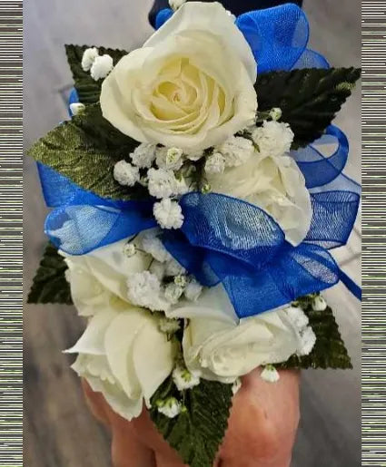 CORSAGE WITH BLUE RIBBON (In-Store Purchase Only. Not available for online ordering or shipping. Please contact the store 9052780000)