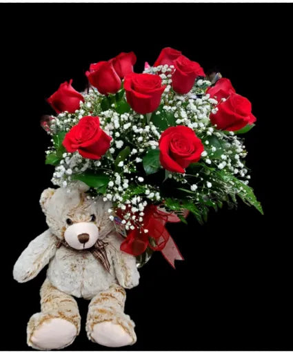 1 DOZEN ROSES IN A VASE WITH A TEDDY BEAR