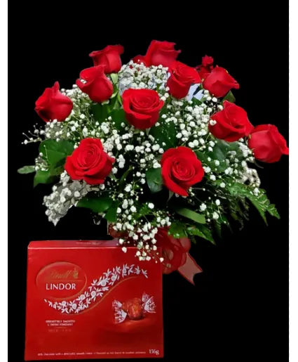 1 DOZEN ROSES IN A VASE WITH CHOCOLATES