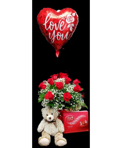 1 DOZEN ROSES, TEDDY BEAR ,CHOCOLATES AND MYLAR B