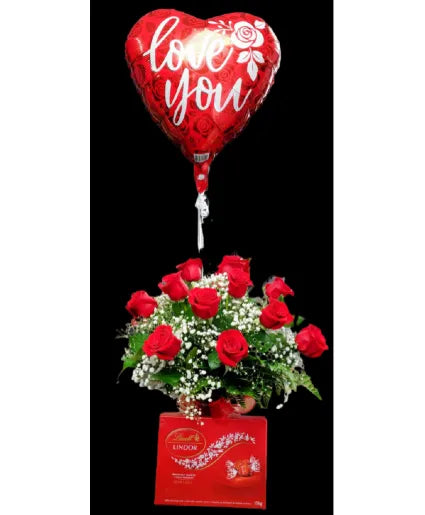 1 DOZEN ROSES WITH CHOCOLATES AND MYLAR BALLOON