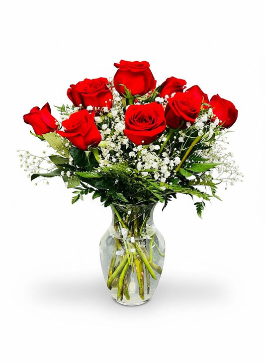 1 DOZEN ROSES IN A VASE WITH BABY'S BREATH