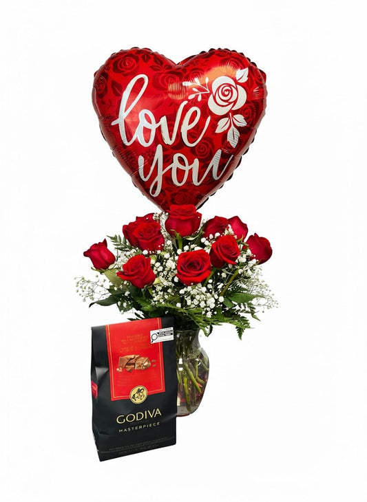 1 DOZEN ROSES WITH CHOCOLATES AND MYLAR BALLOON