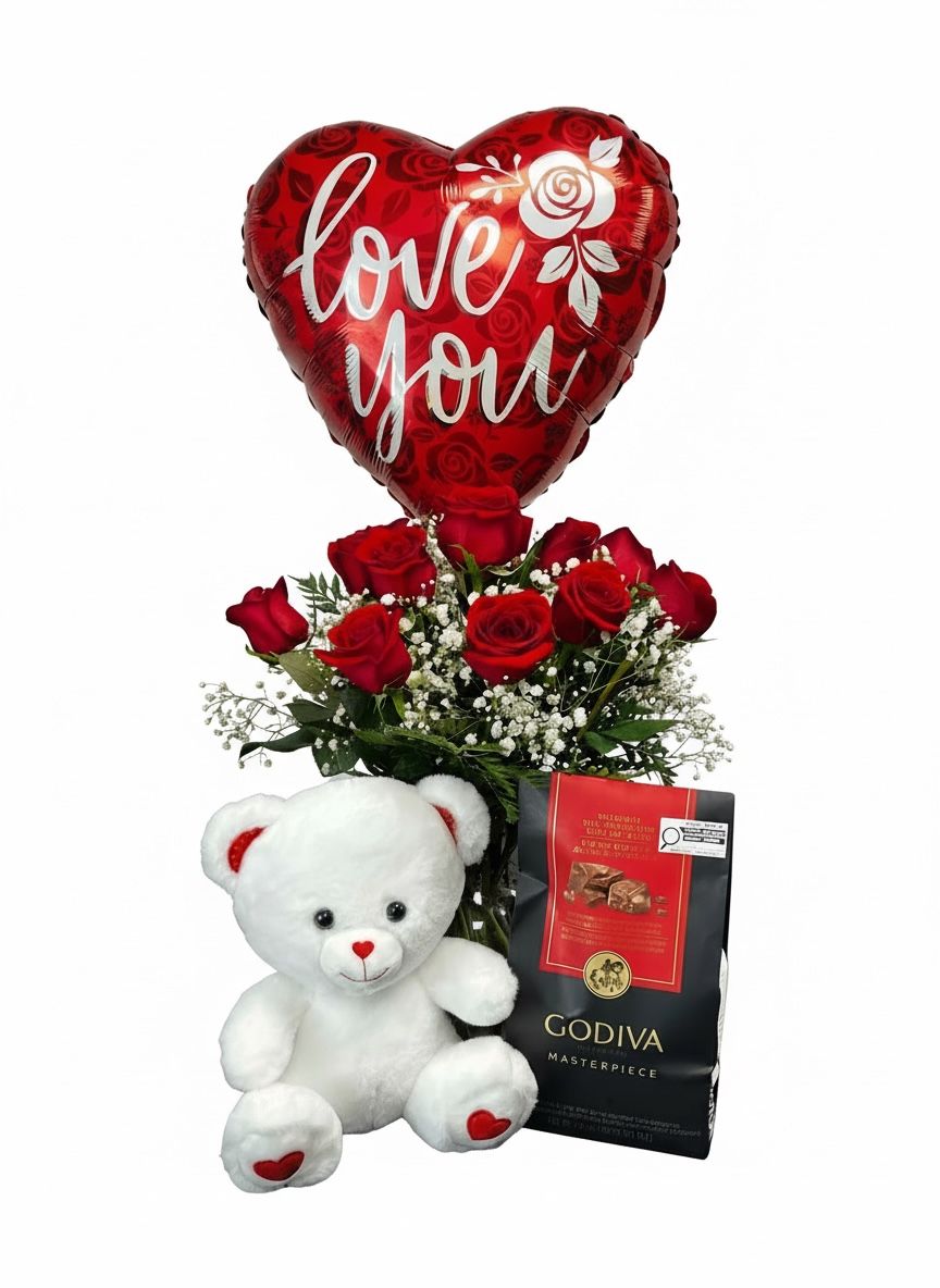 1 DOZEN ROSES, TEDDY BEAR ,CHOCOLATES AND MYLAR B