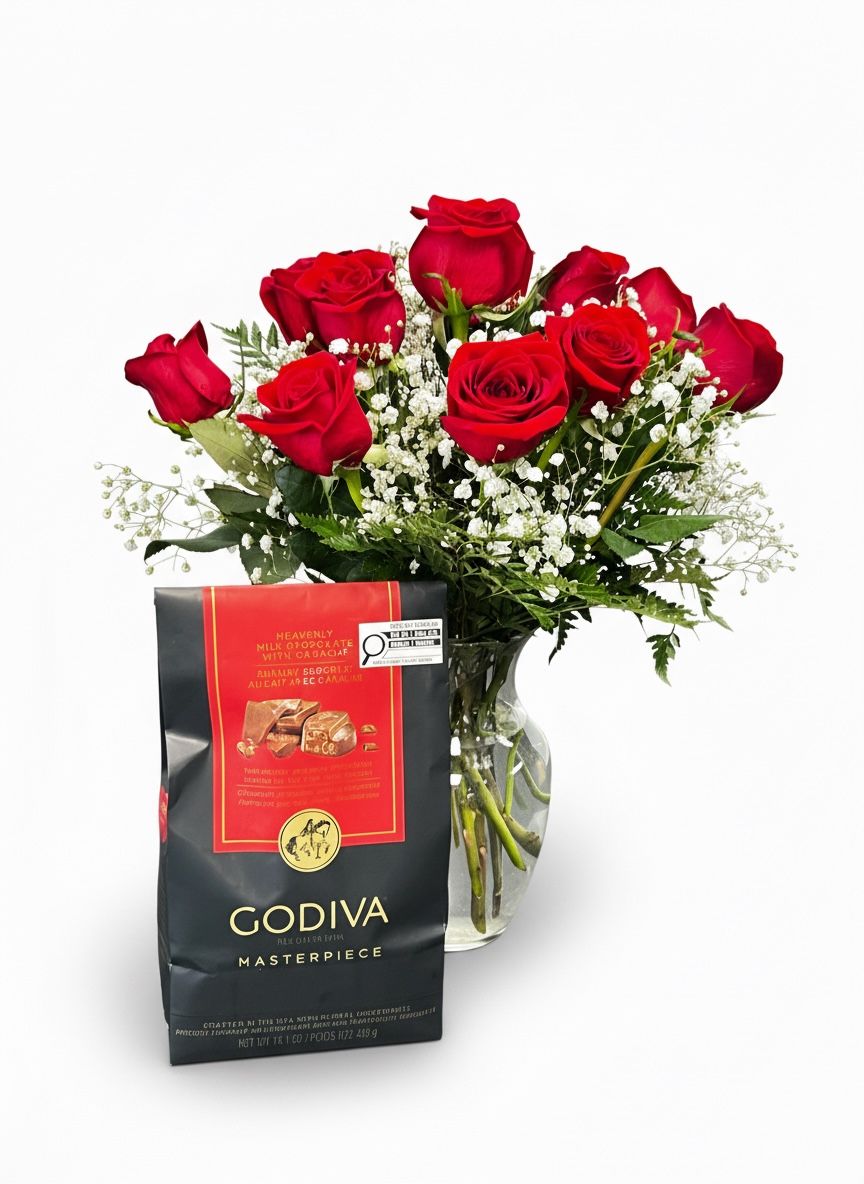 1 DOZEN ROSES IN A VASE WITH CHOCOLATES