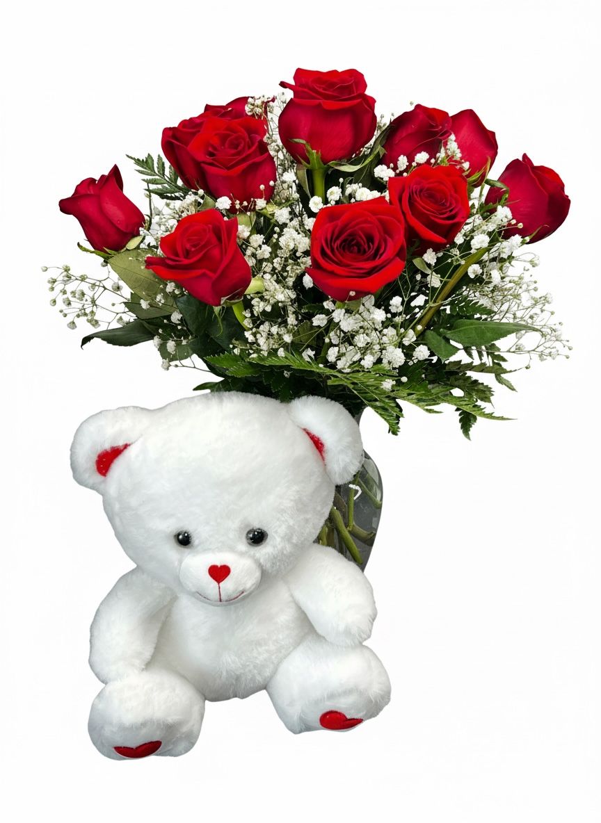 1 DOZEN ROSES IN A VASE WITH A TEDDY BEAR
