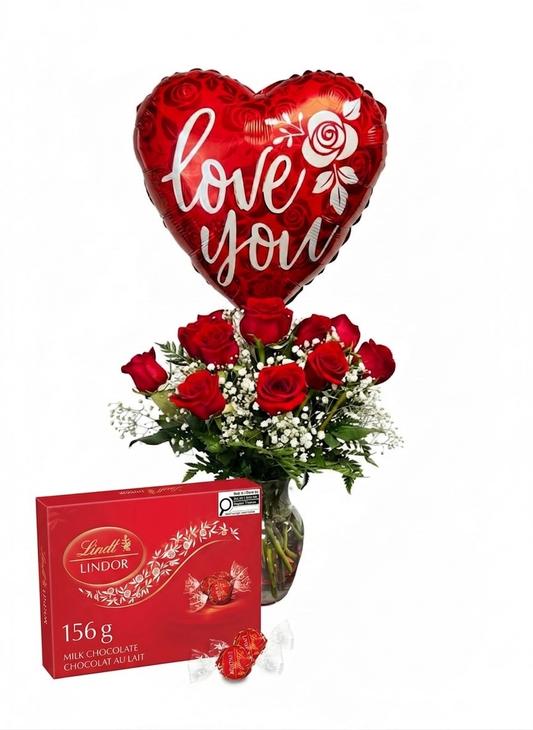 1 DOZEN ROSES WITH CHOCOLATES AND MYLAR BALLOON