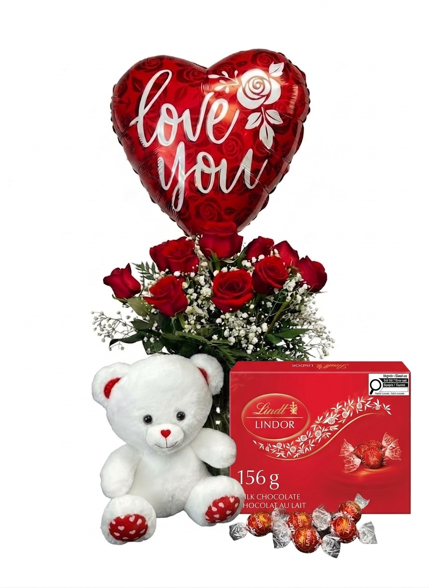 1 DOZEN ROSES, TEDDY BEAR ,CHOCOLATES AND MYLAR B