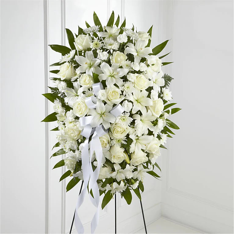 EXQUISITE TRIBUTE STANDING SPRAY-WHITE RIBBON