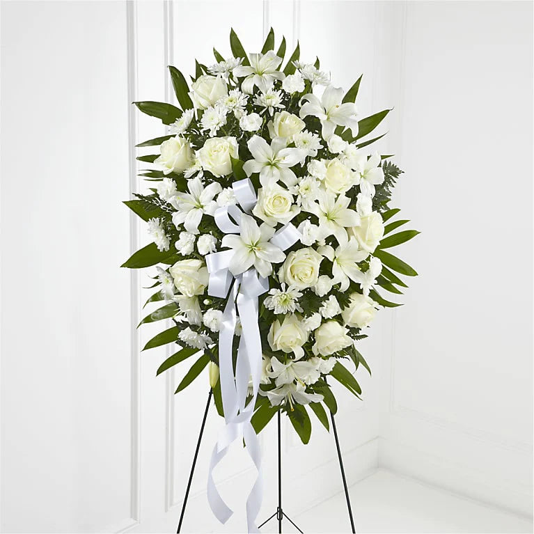 EXQUISITE TRIBUTE STANDING SPRAY-WHITE RIBBON