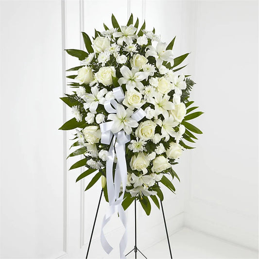 EXQUISITE TRIBUTE STANDING SPRAY-WHITE RIBBON