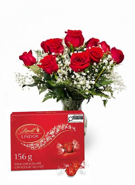 1 DOZEN ROSES IN A VASE WITH CHOCOLATES