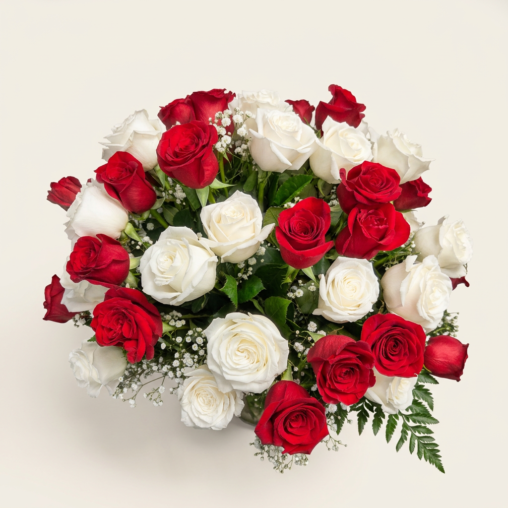 50 Red & White Roses in a Glass Vase