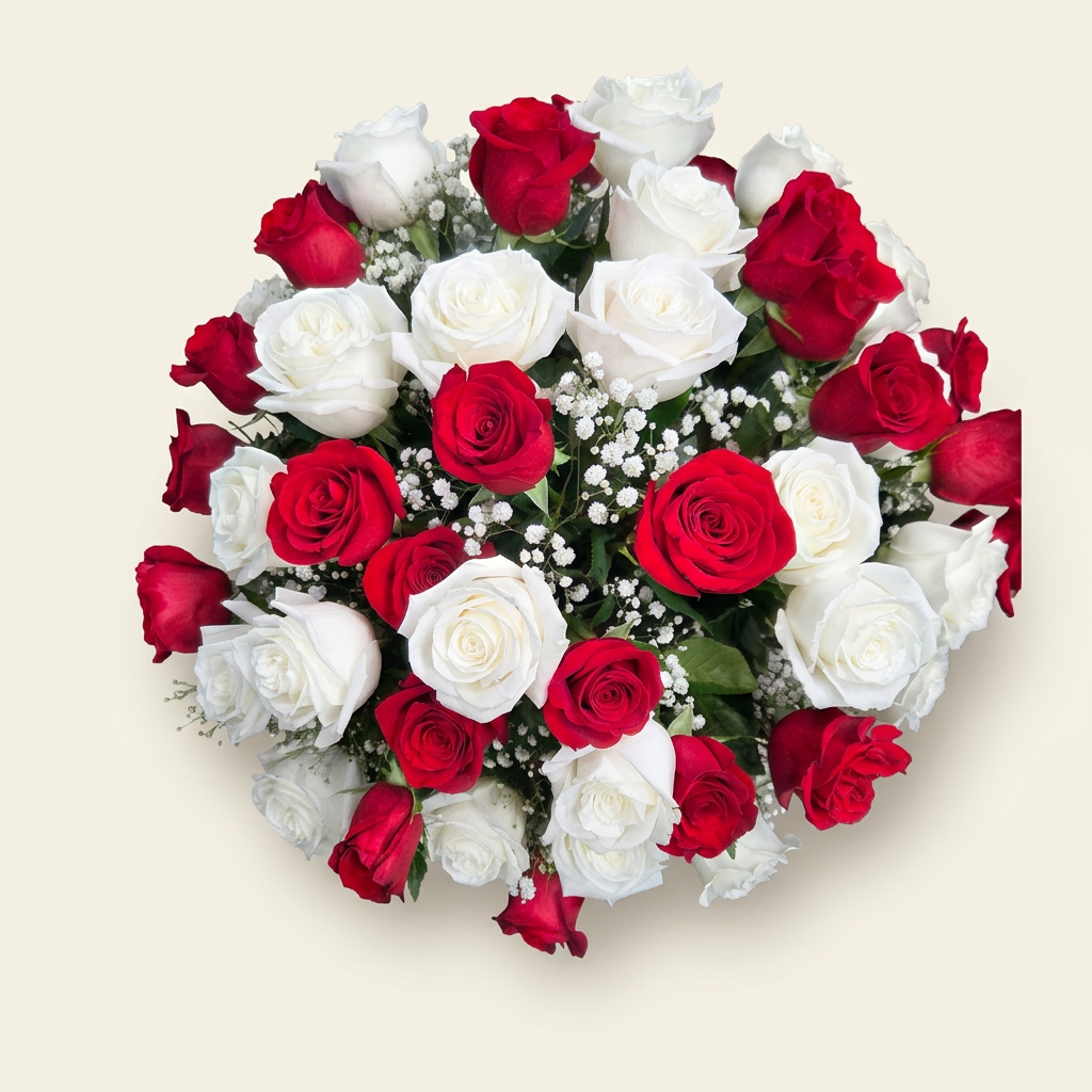50 Red & White Roses in a Glass Vase