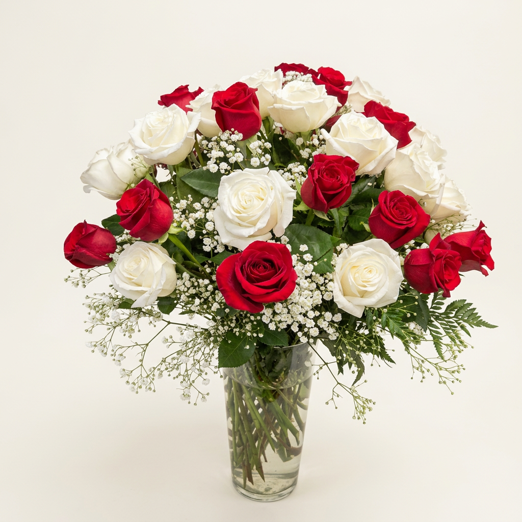 50 Red & White Roses in a Glass Vase